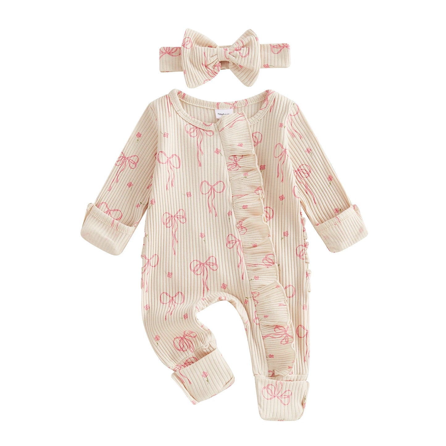 Adorable Baby Girls Floral Print Ruffle Sleeve Romper with Matching Bow Headband Set for Stylish Toddler Outfits and Photoshoots