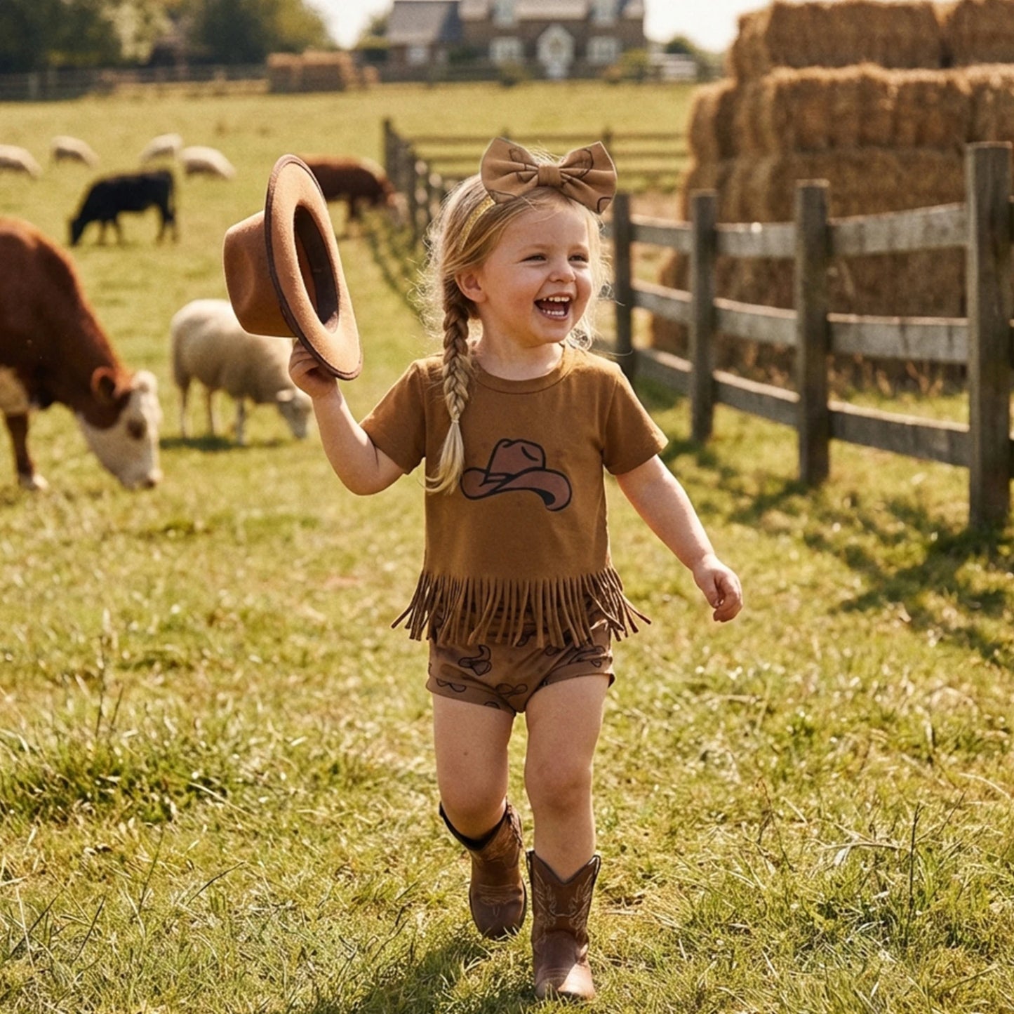 Baby Girl 3Pcs Summer Outfits Short Sleeve Tassel Tops + Shorts + Headband Set Infant Western Clothes 3M-24M
