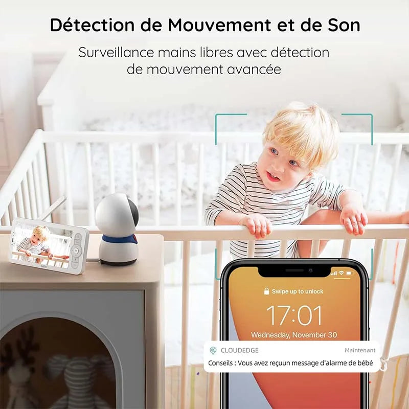 BOIFUN 1080P 5" Baby Monitor Camera, PTZ 355°Camera Baby Motion Monitoring and Automatic Tracking, Monitor and Smartphone