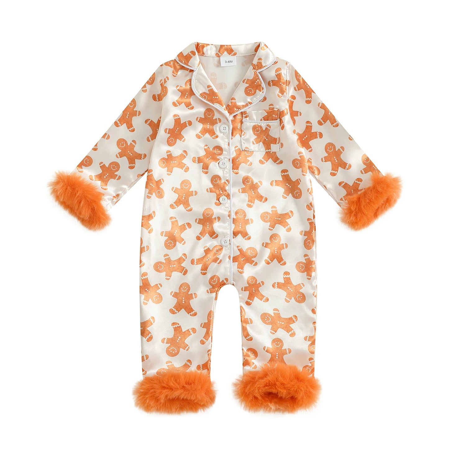 Toddler Christmas Satin Pajamas with Reindeer Print and Faux Fur Cuffs Snap Button Closure V Neck Long Sleeve Romper