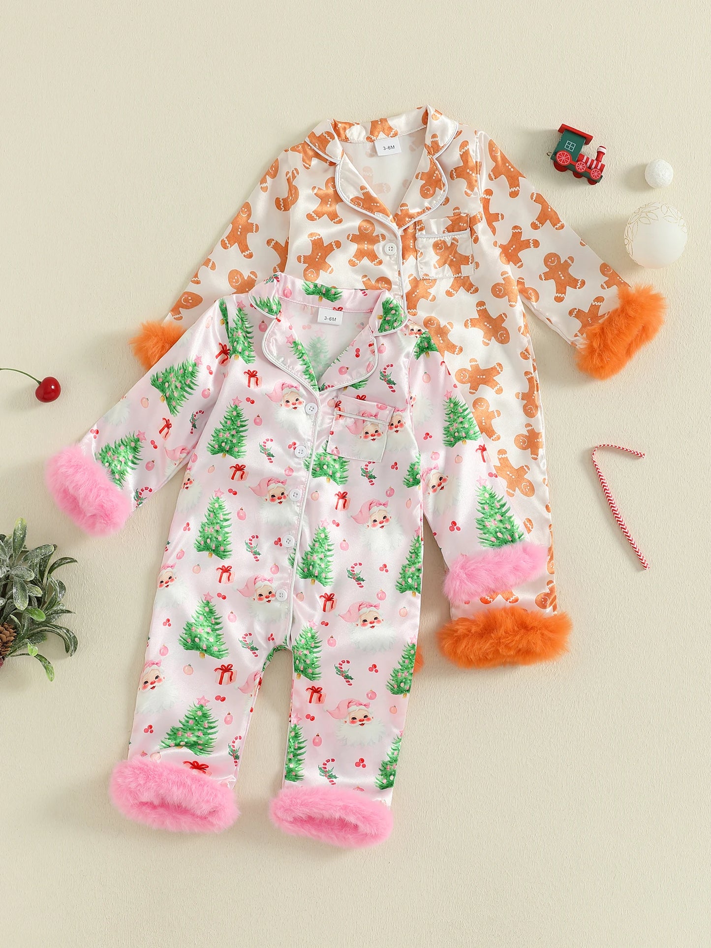 Toddler Christmas Satin Pajamas with Reindeer Print and Faux Fur Cuffs Snap Button Closure V Neck Long Sleeve Romper