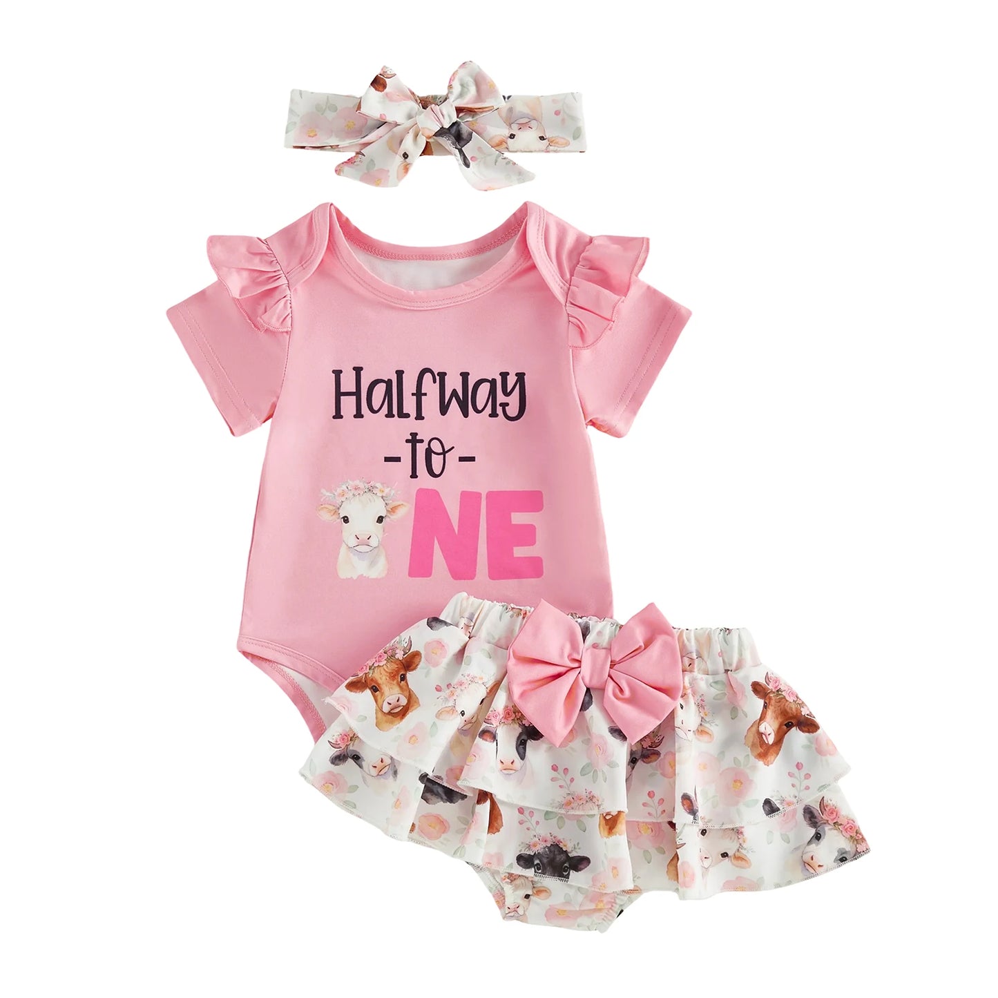 Baby Girl 6 Month Birthday Set with Ruffle Romper Skorts and Headband - Cute Letters Print Outfit for Half Year