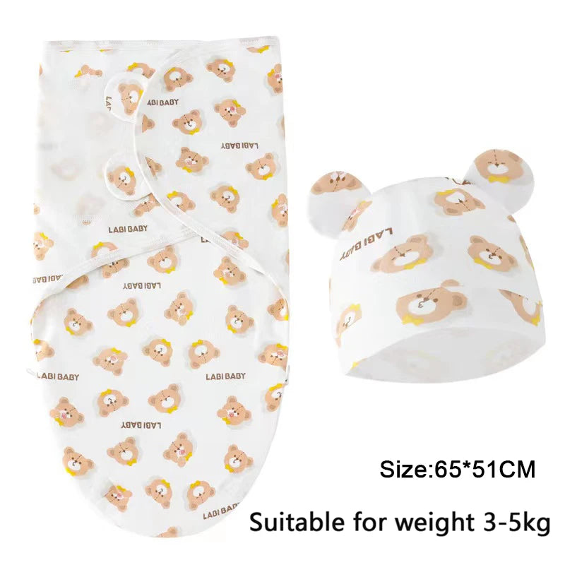 Newborn 0-6M Cartoon Printed Cotton Swaddle Set - Adjustable All-Season Baby Blanket & Hat