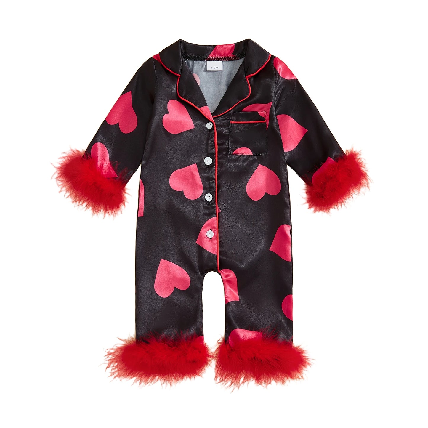 Valentine's Day Spring Newborn Baby Boys Casual Rompers Heart Print Feather Long Sleeve Button Satin Jumpsuits Playsuits
